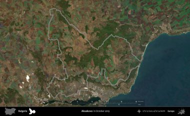 Aksakovo. Bulgaristan 'ın idari alanı, Ekim 2019' da çekilen Global Mozaik Sentinel-2 karolarından oluşan bir uydu görüntüsünde özetlendi.