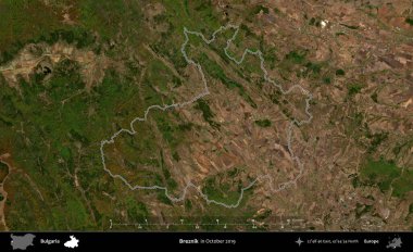 Breznik. Bulgaristan 'ın idari alanı, Ekim 2019' da çekilen Global Mozaik Sentinel-2 karolarından oluşan bir uydu görüntüsünde özetlendi.