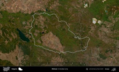 Htiman. Bulgaristan 'ın idari alanı, Ekim 2019' da çekilen Global Mozaik Sentinel-2 karolarından oluşan bir uydu görüntüsünde özetlendi.