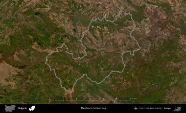 Mezdra. Bulgaristan 'ın idari alanı, Ekim 2019' da çekilen Global Mozaik Sentinel-2 karolarından oluşan bir uydu görüntüsünde özetlendi.