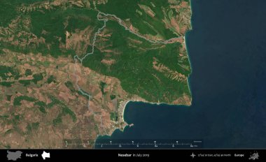 Nesebar. Bulgaristan 'ın idari alanı, Temmuz 2019' da çekilen Global Mozaik Sentinel-2 karolarından oluşan bir uydu görüntüsünde özetlendi.