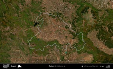 Radomir. Bulgaristan 'ın idari alanı, Ekim 2019' da çekilen Global Mozaik Sentinel-2 karolarından oluşan bir uydu görüntüsünde özetlendi.