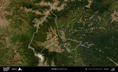 Razlog. Bulgaristan 'ın idari alanı, Ekim 2019' da çekilen Global Mozaik Sentinel-2 karolarından oluşan bir uydu görüntüsünde özetlendi.