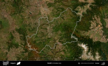 Simitli. Bulgaristan 'ın idari alanı, Ekim 2019' da çekilen Global Mozaik Sentinel-2 karolarından oluşan bir uydu görüntüsünde özetlendi.