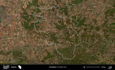 Strazhitsa. Bulgaristan 'ın idari alanı, Ekim 2019' da çekilen Global Mozaik Sentinel-2 karolarından oluşan bir uydu görüntüsünde özetlendi.