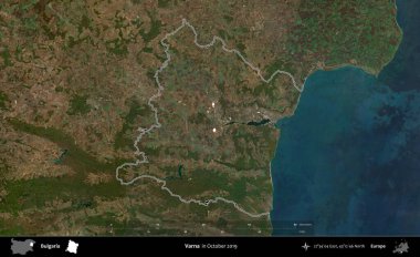 Varna. Bulgaristan 'ın idari alanı, Ekim 2019' da çekilen Global Mozaik Sentinel-2 karolarından oluşan bir uydu görüntüsünde özetlendi.
