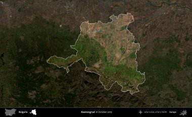 Asenovgrad 'da. Bulgaristan 'ın idari alanı, Ekim 2019' da çekilen Global Mozaik Sentinel-2 karolarından oluşan koyu renkli bir uydu görüntüsü üzerinde vurgulandı ve özetlendi