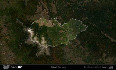 Bansko. Bulgaristan 'ın idari alanı, Ekim 2019' da çekilen Global Mozaik Sentinel-2 karolarından oluşan koyu renkli bir uydu görüntüsü üzerinde vurgulandı ve özetlendi
