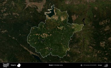 Batak. Bulgaristan 'ın idari alanı, Ekim 2019' da çekilen Global Mozaik Sentinel-2 karolarından oluşan koyu renkli bir uydu görüntüsü üzerinde vurgulandı ve özetlendi