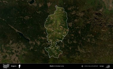 Devin. Bulgaristan 'ın idari alanı, Ekim 2019' da çekilen Global Mozaik Sentinel-2 karolarından oluşan koyu renkli bir uydu görüntüsü üzerinde vurgulandı ve özetlendi