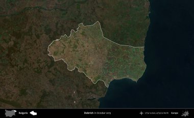 Dobrich. Bulgaristan 'ın idari alanı, Ekim 2019' da çekilen Global Mozaik Sentinel-2 karolarından oluşan koyu renkli bir uydu görüntüsü üzerinde vurgulandı ve özetlendi