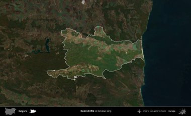 Dolni chiflik. Bulgaristan 'ın idari alanı, Ekim 2019' da çekilen Global Mozaik Sentinel-2 karolarından oluşan koyu renkli bir uydu görüntüsü üzerinde vurgulandı ve özetlendi