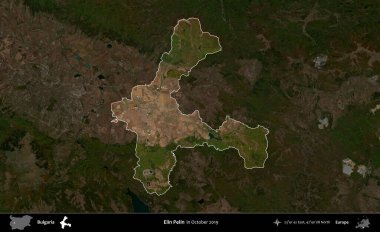 Elin Pelin. Bulgaristan 'ın idari alanı, Ekim 2019' da çekilen Global Mozaik Sentinel-2 karolarından oluşan koyu renkli bir uydu görüntüsü üzerinde vurgulandı ve özetlendi