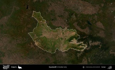 Kyustendil. Bulgaristan 'ın idari alanı, Ekim 2019' da çekilen Global Mozaik Sentinel-2 karolarından oluşan koyu renkli bir uydu görüntüsü üzerinde vurgulandı ve özetlendi