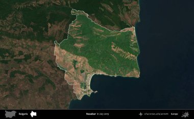 Nesebar. Bulgaristan 'ın idari alanı, Temmuz 2019' da çekilen Global Mozaik Sentinel-2 karolarından oluşan koyu renkli bir uydu görüntüsü üzerinde vurgulandı ve özetlendi
