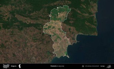 Pomorie. Bulgaristan 'ın idari alanı, Temmuz 2019' da çekilen Global Mozaik Sentinel-2 karolarından oluşan koyu renkli bir uydu görüntüsü üzerinde vurgulandı ve özetlendi