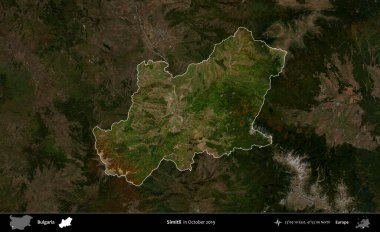Simitli. Bulgaristan 'ın idari alanı, Ekim 2019' da çekilen Global Mozaik Sentinel-2 karolarından oluşan koyu renkli bir uydu görüntüsü üzerinde vurgulandı ve özetlendi