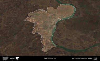 Vidin. Bulgaristan 'ın idari alanı, Ocak 2019' da çekilen Küresel Mozaik Sentinel-2 karolarından oluşan koyu renkli bir uydu görüntüsü üzerinde vurgulandı ve özetlendi