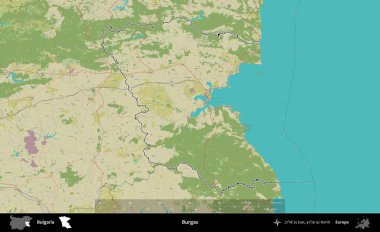 Burgaz. Bulgaristan 'ın idari alanı bir Topografik İnsani Stil haritasında özetlendi