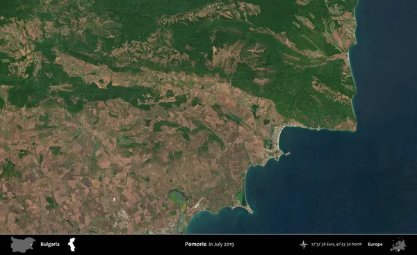 Pomorie. Bulgaristan 'ın idari bölgesi, Temmuz 2019' da çekilen Global Mozaik Sentinel-2 karolarından oluşan bir uydu görüntüsü üzerine kurulmuştur.