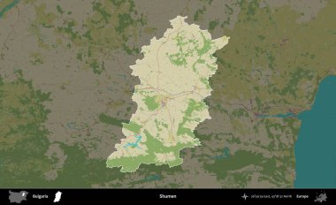 Shumen. Bulgaristan 'ın idari alanı kararmış Topografik İnsani Yardım Stili Haritasında vurgulandı ve özetlendi