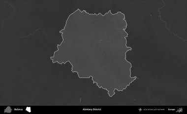 Asmiany Bölgesi. Belarus 'un idari alanı belirtilmiş ve koyu gri tonlu yükseklik haritasına çizilmiş