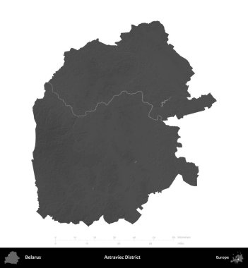 Astraviec Bölgesi. Belarus 'un idari alanı gri ölçekli yükseklik haritasında beyaza izole edildi