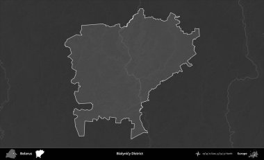 Bialynicy Bölgesi. Belarus 'un idari alanı belirtilmiş ve koyu gri tonlu yükseklik haritasına çizilmiş