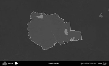 Biaroza Bölgesi. Belarus 'un idari alanı belirtilmiş ve koyu gri tonlu yükseklik haritasına çizilmiş