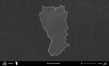 Bierastavica Bölgesi. Belarus 'un idari alanı belirtilmiş ve koyu gri tonlu yükseklik haritasına çizilmiş
