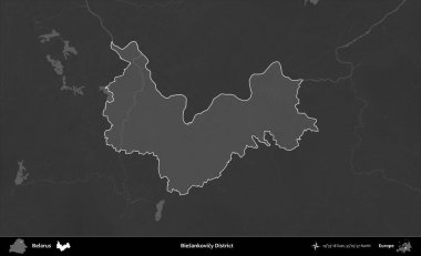 Biesankovicy Bölgesi. Belarus 'un idari alanı belirtilmiş ve koyu gri tonlu yükseklik haritasına çizilmiş