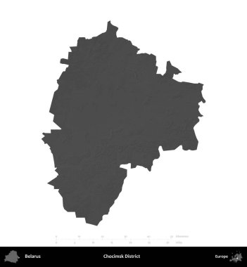 Chocimsk Bölgesi. Belarus 'un idari alanı gri ölçekli yükseklik haritasında beyaza izole edildi