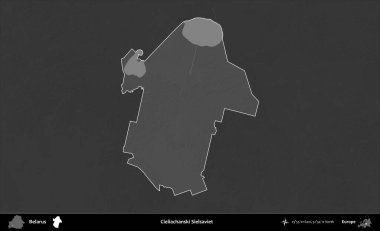 Cieliachanski Sielsaviet. Belarus 'un idari alanı belirtilmiş ve koyu gri tonlu yükseklik haritasına çizilmiş