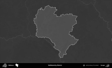 Kalinkavichy Bölgesi. Belarus 'un idari alanı belirtilmiş ve koyu gri tonlu yükseklik haritasına çizilmiş