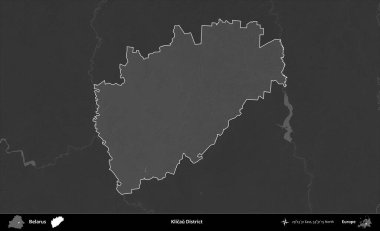 Klicau Bölgesi. Belarus 'un idari alanı belirtilmiş ve koyu gri tonlu yükseklik haritasına çizilmiş