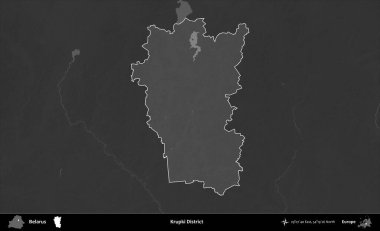 Krupki Bölgesi. Belarus 'un idari alanı belirtilmiş ve koyu gri tonlu yükseklik haritasına çizilmiş