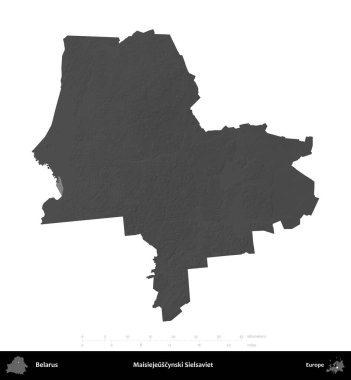Maisiejeuscynski Sielsaviet. Belarus 'un idari alanı gri ölçekli yükseklik haritasında beyaza izole edildi