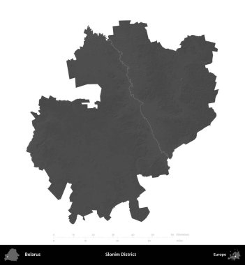 Slonim Bölgesi. Belarus 'un idari alanı gri ölçekli yükseklik haritasında beyaza izole edildi