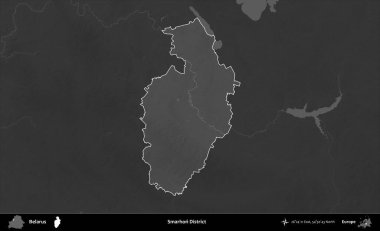 Smarhon Bölgesi. Belarus 'un idari alanı belirtilmiş ve koyu gri tonlu yükseklik haritasına çizilmiş