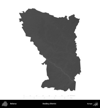Stoubcy Bölgesi. Belarus 'un idari alanı gri ölçekli yükseklik haritasında beyaza izole edildi