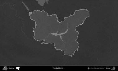 Vileyka Bölgesi. Belarus 'un idari alanı belirtilmiş ve koyu gri tonlu yükseklik haritasına çizilmiş