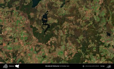Akciabrski Sielsaviet. Ekim 2021 'de çekilen Global Mozaik Sentinel-2 karolarından oluşan bir uydu görüntüsü üzerinde Belarus' un idari alanı