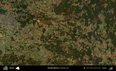 Cervien Bölgesi. Ekim 2021 'de çekilen Global Mozaik Sentinel-2 karolarından oluşan bir uydu görüntüsü üzerinde Belarus' un idari alanı