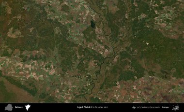 Lojeu Bölgesi. Ekim 2021 'de çekilen Global Mozaik Sentinel-2 karolarından oluşan bir uydu görüntüsü üzerinde Belarus' un idari alanı