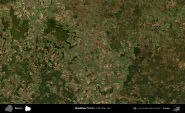 Mstsislaw Bölgesi. Ekim 2021 'de çekilen Global Mozaik Sentinel-2 karolarından oluşan bir uydu görüntüsü üzerinde Belarus' un idari alanı