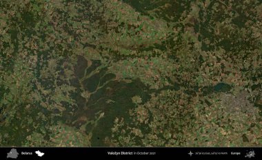 Valozyn Bölgesi. Ekim 2021 'de çekilen Global Mozaik Sentinel-2 karolarından oluşan bir uydu görüntüsü üzerinde Belarus' un idari alanı