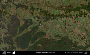 Valozynski Sielsaviet. Ekim 2021 'de çekilen Global Mozaik Sentinel-2 karolarından oluşan bir uydu görüntüsü üzerinde Belarus' un idari alanı