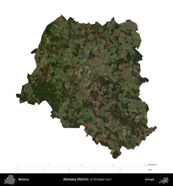 Asmiany Bölgesi. Beyaz Rusya 'nın idari bölgesi, Ekim 2021' de çekilen Global Mozaik Sentinel-2 karolarından oluşan bir uydu görüntüsüyle beyaza izole edildi.