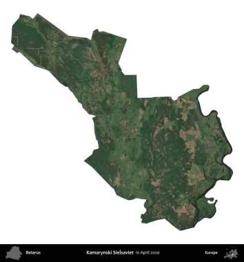 Kamarynski Sielsaviet. Beyaz Rusya 'nın idari bölgesi, Nisan 2020' de çekilen Global Mozaik Sentinel-2 karolarından oluşan bir uydu görüntüsüyle beyaza izole edildi.