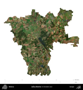 Zelva Bölgesi. Beyaz Rusya 'nın idari bölgesi, Ekim 2021' de çekilen Global Mozaik Sentinel-2 karolarından oluşan bir uydu görüntüsüyle beyaza izole edildi.